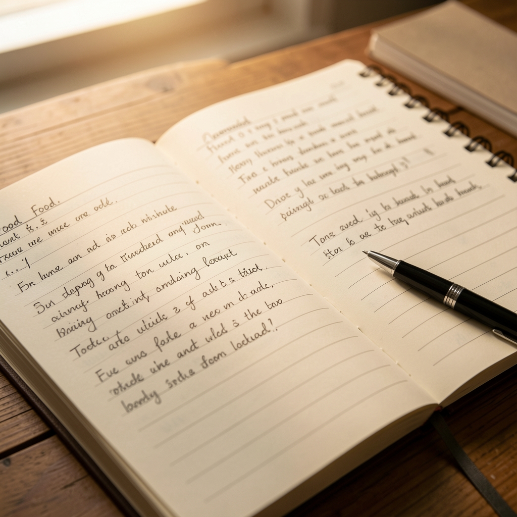 Close-up of handwritten food journal pages with pen resting on open notebook, warm light