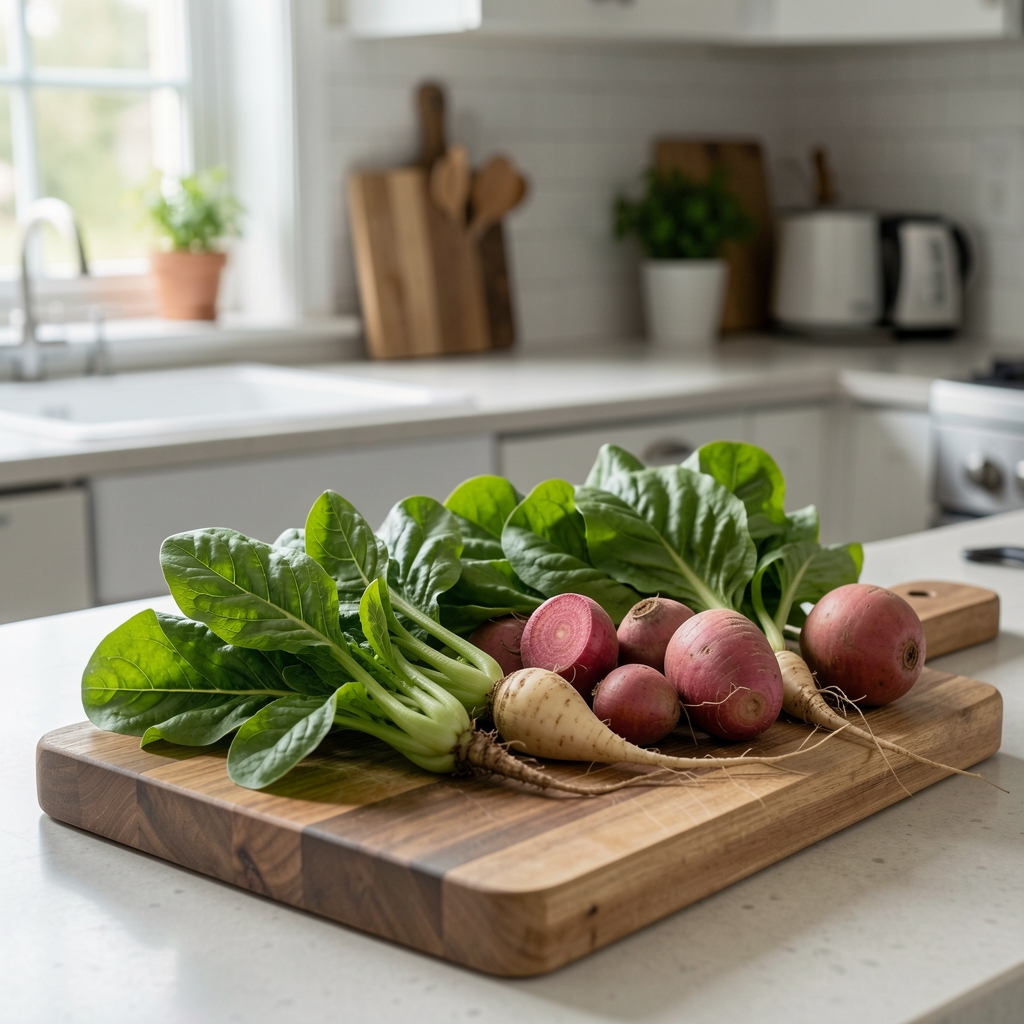Fresh leafy greens and root vegetables on a wooden cutting board, natural daylight kitchen setting