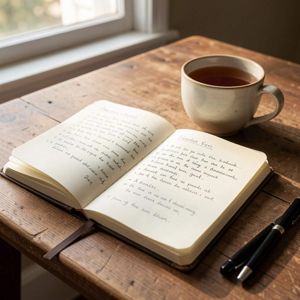 Notebook open on a wooden desk with handwritten editorial notes and a cup of tea in morning light